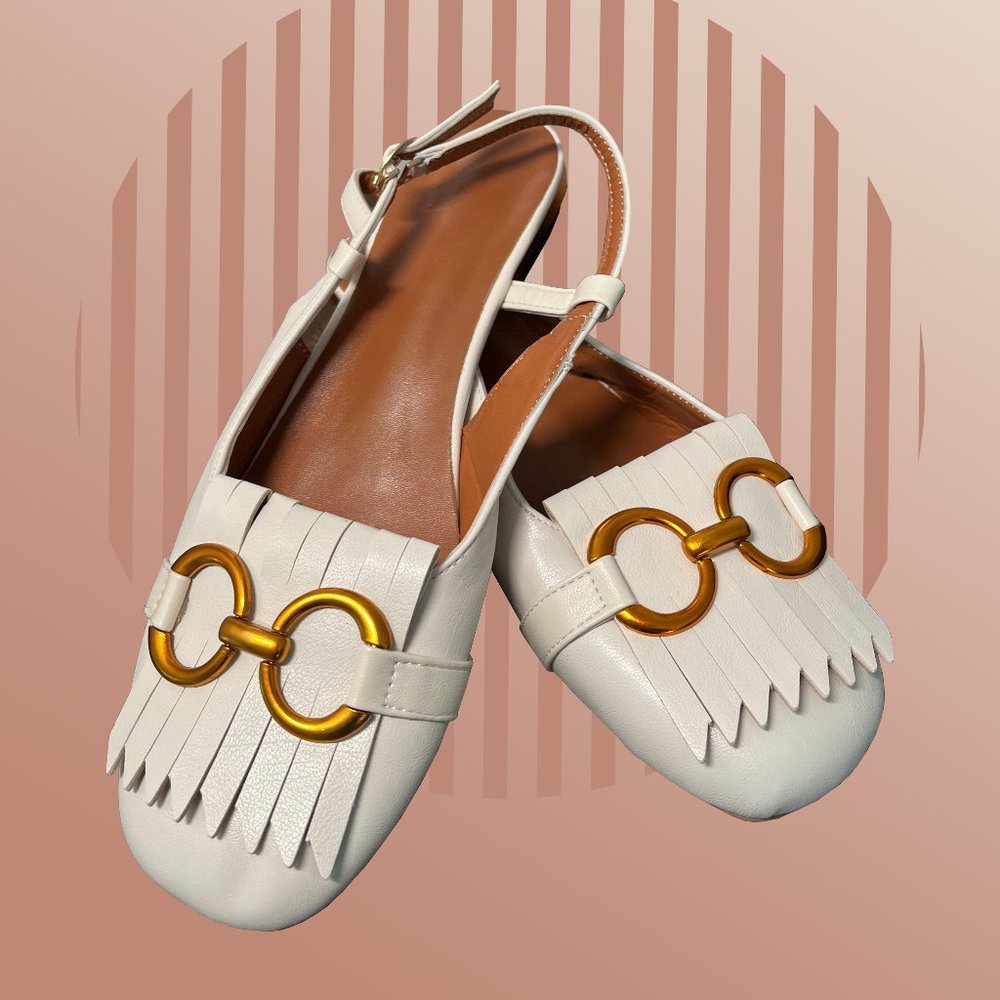YOUTHJUNE Rice White Bit-Accent Leather Slingback Flat